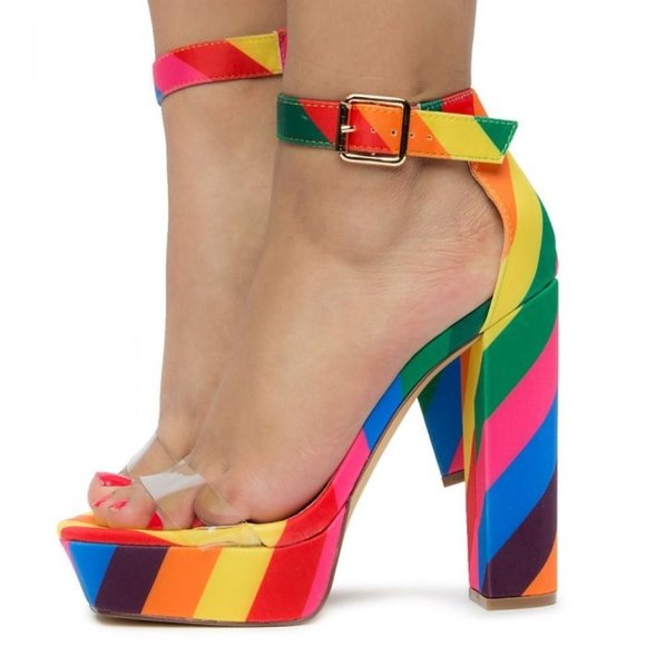 Liliana block heel 5" rainbow striped platform sandal heel size 8 rainbow bright - Picture 1 of 11